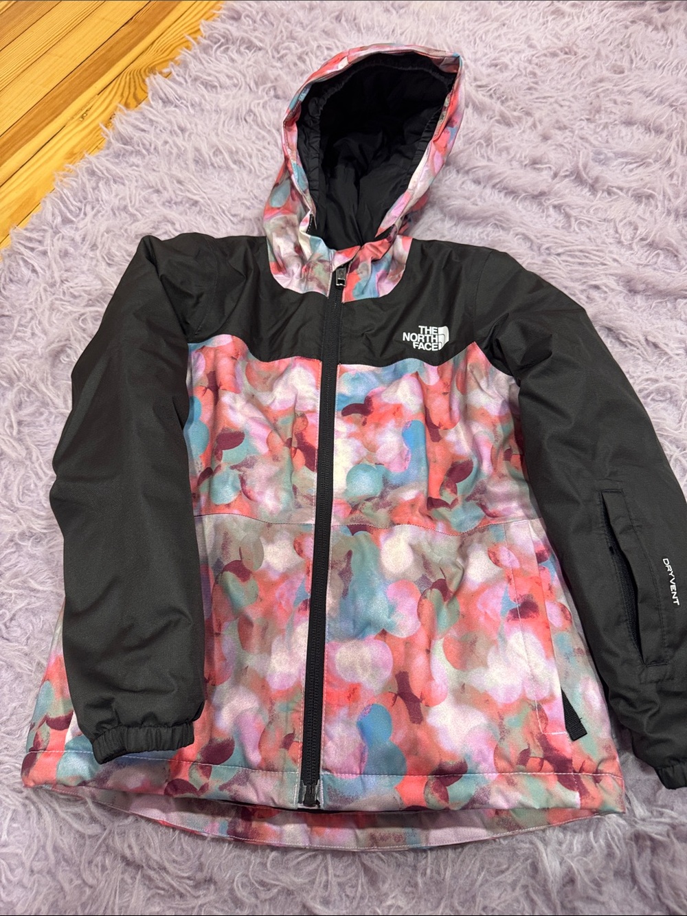 The North Face Girls' Pink Multi-Color Hooded Raincoat with Black Sleeves